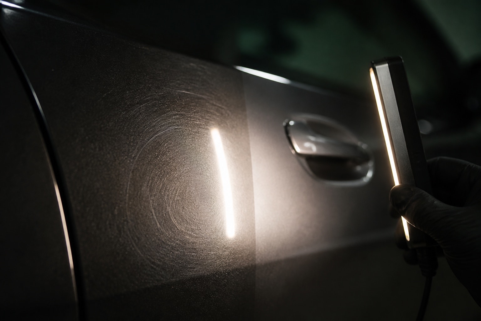 Vehicle paint inspected under a narrow light before correction