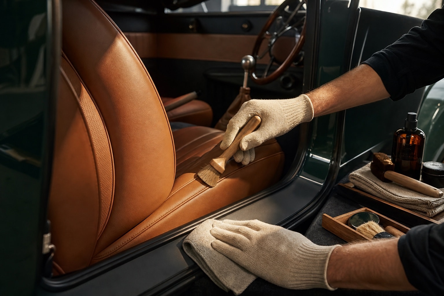 Careful cleaning around leather stitching and matte interior trim