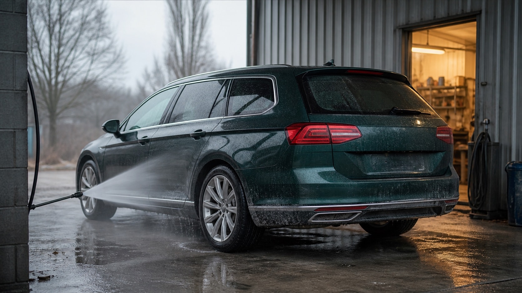 Winter road film being gently rinsed from lower vehicle panels